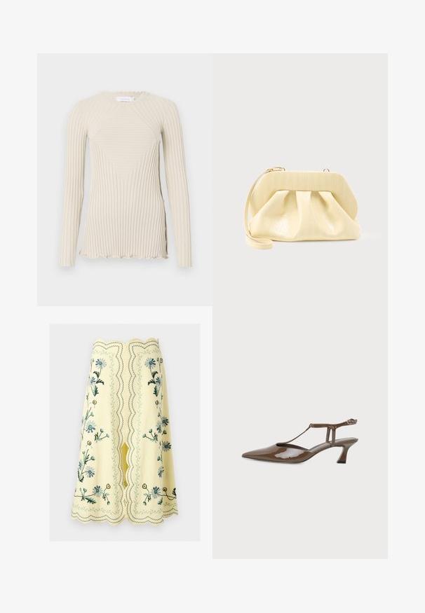Rabanne T-shirt à manches longues - ecru; Jupe jaune mi-genoux avec bords festonnés et broderie florale en bleu, vert et jaune, avec une fente centrale et des coutures décoratives.; Chaussure slingback en cuir verni marron, bout pointu, petit talon kitten, fine bride en T et fermeture à boucle à la cheville.; Pochette en cuir couleur crème avec un cadre supérieur structuré et une lanière pour poignet, présentée sur un fond clair uni.