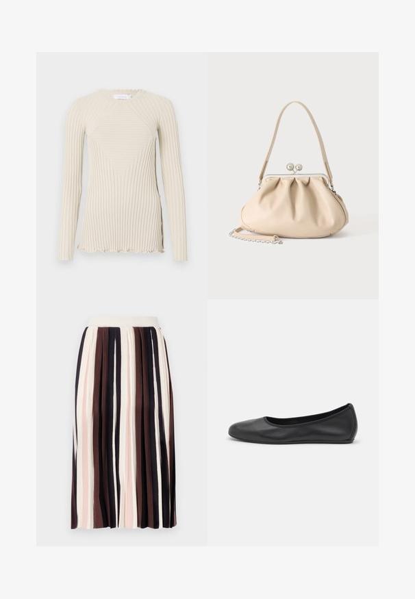 Rabanne T-shirt à manches longues - ecru; Jupe plissée à rayures verticales dans des nuances de marron foncé, rose clair et crème, avec une taille ajustée et un tissu doux et texturé.; Ballerines en cuir noir avec un bout rond, texture lisse, détails de couture minimalistes et design de semelle flexible.; Sac à main en cuir souple beige avec un fermoir en métal argenté, une bandoulière simple et une bandoulière chaîne optionnelle sur fond blanc.
