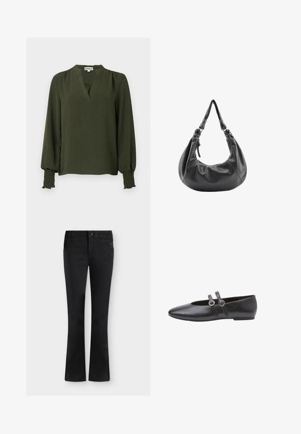 Blusa de manga larga de color verde oscuro con escote en V, hombros fruncidos y puños elásticos fruncidos en las mangas.; Vaqueros negros bootcut con botón delantero, cremallera, trabillas para cinturón y bolsillos delanteros, colocados planos sobre un fondo blanco.; Zapatos planos de cuero negro con punta puntiaguda, con dos detalles de tiras con herrajes circulares y una suela baja y plana. Textura suave en toda la superficie.; Bolso hobo de cuero negro con textura suave, forma curva y una sola correa con detalles metálicos y cierre de cremallera.