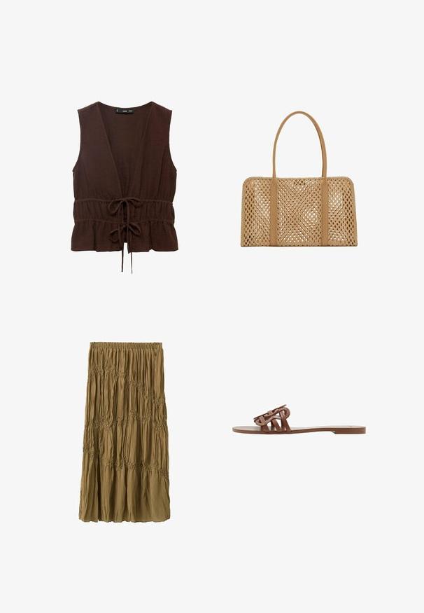 Top marron sans manches en tissu texturé, avec un décolleté en V profond, une taille cintrée avec un lien, et un ourlet rufflé.; Jupe longue marron avec taille élastique et détails de tissu froncés créant des motifs ondulés horizontaux tout au long de sa longueur.; Sandale plate marron à semelle fine avec trois lanières en cuir tressées sur le dessus du pied.; Sac à main tissé rectangulaire couleur fauve avec deux longues poignées lisses et un motif en treillis ouvert sur l'ensemble du corps du sac.