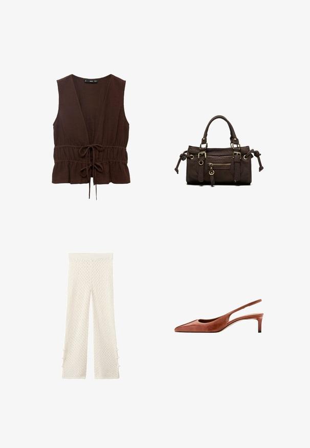 Top marron sans manches en tissu texturé, avec un décolleté en V profond, une taille cintrée avec un lien, et un ourlet rufflé.; Pantalon large écru en tissu tricoté texturé avec des détails de boutons sur les coutures extérieures, sur fond uni.; Chaussure slingback en cuir marron à bout pointu, petit talon kitten et fine bride autour du talon sur fond blanc.; Sac à main en cuir marron foncé avec double poignée, poche avant zippée, boucles décoratives et nœuds latéraux sur fond blanc.