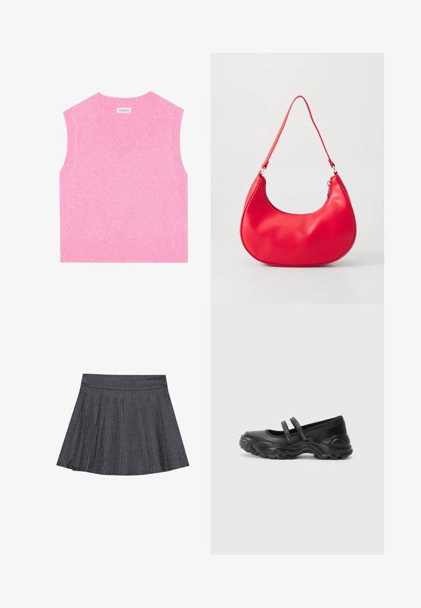 Even&Odd by Zalando Top - pink; Grå stribede skater nederdel med en tætsiddende talje, udformet i A-linje og en blød stofstruktur. Lodrette linjer øger den visuelle interesse.; Sorte læder mary jane flade sko med to justerbare remme, en rund tå og en struktureret gummisål for ekstra greb.; Rød syntetisk læder skuldertaske med en buet form, slank rem og lynlås lukning. Glat tekstur med synlige syninger.