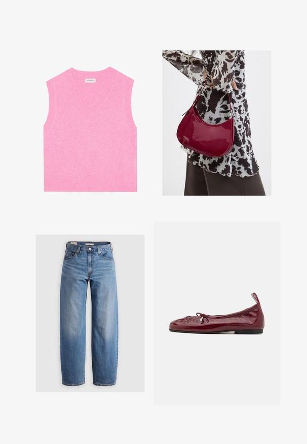 Even&Odd by Zalando Top - pink; Svetlomodré džínsové nohavice rovného strihu vyrobené z denimu. Obsahujú klasický dizajn s piatimi vreckami a jemné vyblednutie pozdĺž nohavíc.; Burgundské lakované balerínky s okrúhlou špičkou, tenkou čiernou podrážkou a mašľou na prednej strane. Hladký, lesklý povrch.; Žena v čierno-bielom vzorovanom blúzke drží lesklú červenú kabelku cez rameno na jednofarebnom pozadí.