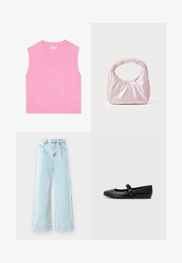 Even&Odd by Zalando Top - pink; Lyseblå vidbenede jeans lavet af denim, med høj talje, forlommer og syede detaljer ved kanten.; Sorte læder balletflade med rund tå, flad sål og en tynd justerbar rem over svangen med en metalspænde.; Rosa, polstret håndtaske med afrundet design, lavet af skinnende materiale. Har et samlet håndtag og en lynlås til sikker adgang.