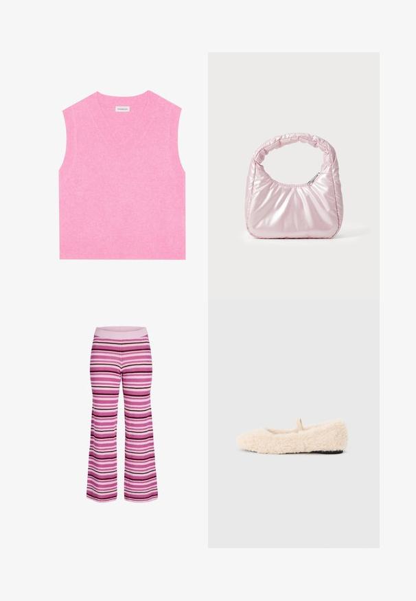 Even&Odd Top - pink; Strikkede bukser med horisontale striber i nuancer af pink, lilla og hvid, med ribbet elastik i taljen og vide ben.; Luftig, cremefarvet hjemmesko med en blød tekstur, rund tå, minimalistisk design og en lille stofsløjfe på bagsiden for nem påtagning.; Rosa, polstret håndtaske med afrundet design, lavet af skinnende materiale. Har et samlet håndtag og en lynlås til sikker adgang.