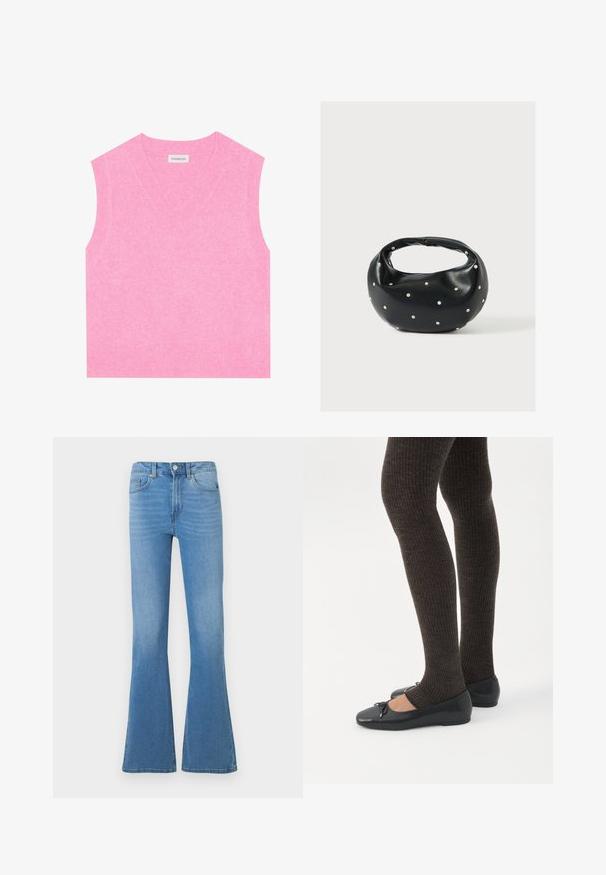 Even&Odd Top - pink; Svetlomodré rozšírené džínsy z denimu so stredným pásom, vybavené prednými vreckami a zapínaním na gombík. Hladká textúra a klasický dizajn s piatimi vreckami.; Nohy v tmavých pásikavých legínach v kombinácii s čiernymi balerínkami s malými mašličkami na bielom pozadí.; Čierna kožená kabelka s zaobleným tvarom, zdobená striebornými cvočkami a krátkym rúčkou. Hladká textúra a zapínanie na zips.