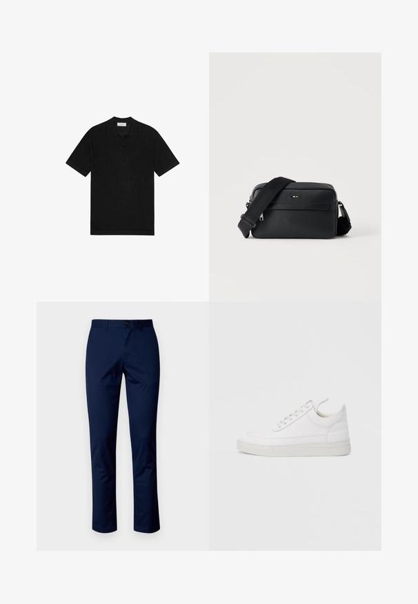 Polo noir en tissu tricoté texturé. Doté d'un col classique et de manches courtes. Logo discret sur la poitrine.; Pantalons en coton bleu marine avec une coupe droite, dotés d'une fermeture à bouton à l'avant, de passants de ceinture et de coutures propres. Texture lisse sans motifs.; Baskets en cuir blanc avec un embout arrondi, une semelle plate et un laçage à l'avant. Présentent des détails de couture et un col rembourré pour plus de confort.; Sac bandoulière en cuir noir texturé avec poche avant zippée et bandoulière large en tissu réglable sur fond blanc.