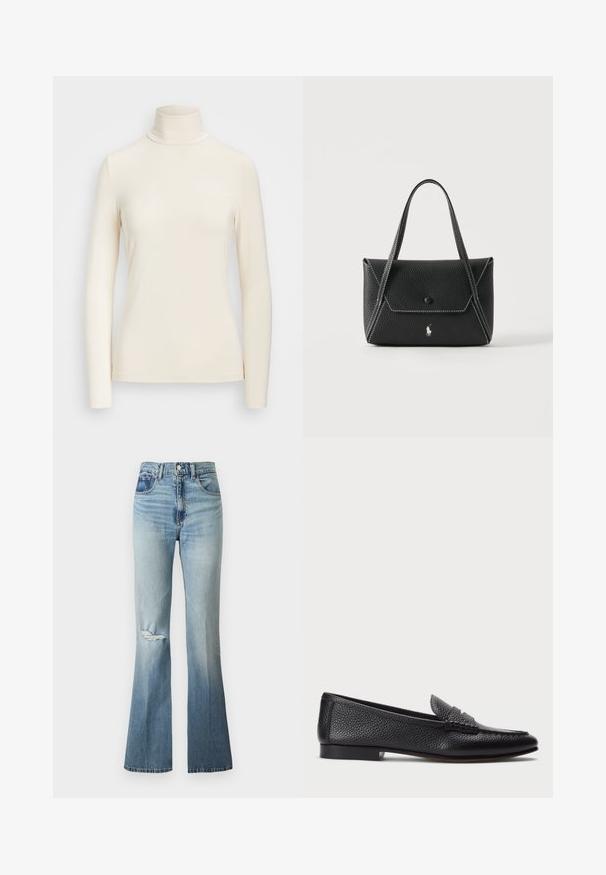 Langärmliges Rollkragenoberteil aus weichem, cremefarbenem Stoff. Verfügt über ein körpernahes Design mit einem hohen Kragen und nahtlosen Ärmelsäumen.; Hellblaue Denim-Jeans mit hoher Taille, leichtem Ausbleichen, Destroyed-Einsatz am linken Knie und ausgestellten Beinen.; Schwarze Lederloafers mit strukturiertem Finish, ausgestattet mit einem dekorativen Riemen und flachem Absatz. Schlankes, minimales Design mit abgerundeter Spitze.; Schwarze Lederhandtasche mit zwei Griffen, Frontklappe mit Knopfverschluss, weißen Nähten und kleinem Pferdelogo auf schlichtem Hintergrund.