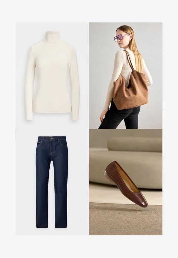 Langarm turtleneck top van zacht, crèmekleurig stof. Heeft een getailleerd ontwerp met een hoge kraag en naadloze mouwranden.; Donkerblauwe jeans met rechte pijp, knoop- en ritsluiting, voor- en achterzakken en contrasterende stiksels.; Bruine leren platte schoen met een afgeronde neus en lage beige hak, geplaatst bovenop een gestructureerd beige tapijt en een sofa achtergrond.; Bruine suède totebag met zachte textuur, grote opening en lange hengsels. Het heeft een eenvoudig ontwerp met zichtbare stiksels en geen hardware.