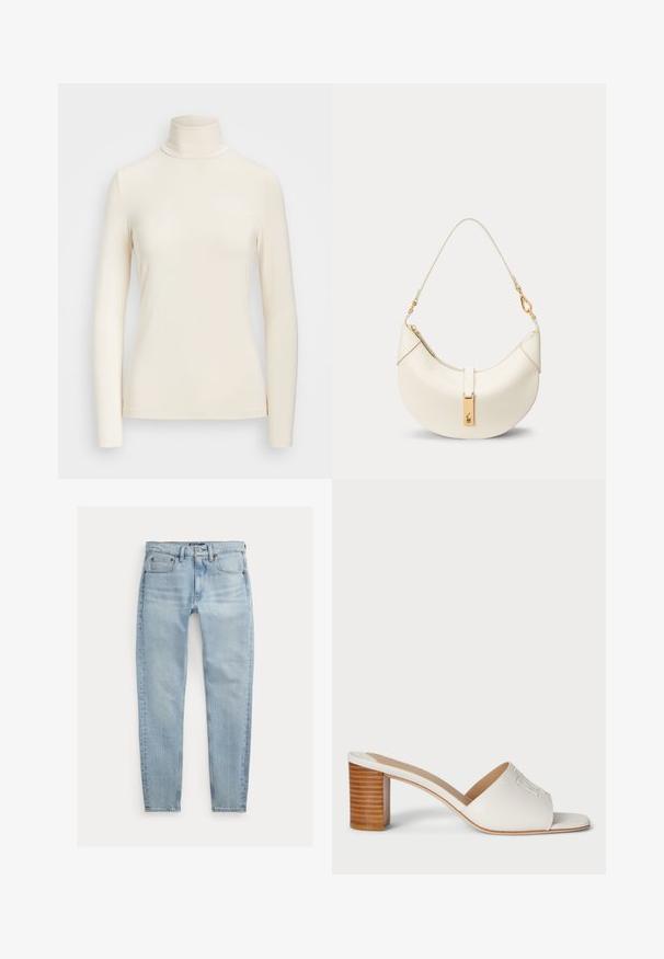 Langarm turtleneck top van zacht, crèmekleurig stof. Heeft een getailleerd ontwerp met een hoge kraag en naadloze mouwranden.; Lichtblauwe slim-fit jeans met voorzakken, riemlussen en knoopsluiting, plat gelegd op een witte achtergrond.; Witte leren open teen muilen met een gebogen bovenkant, voorzien van een gemiddelde houten blokhak en subtiele reliëfdetails op de teen.; Crèmekleurige halfmaanvormige leren handtas met korte band en goudkleurige sluiting met klein gegraveerd logo.