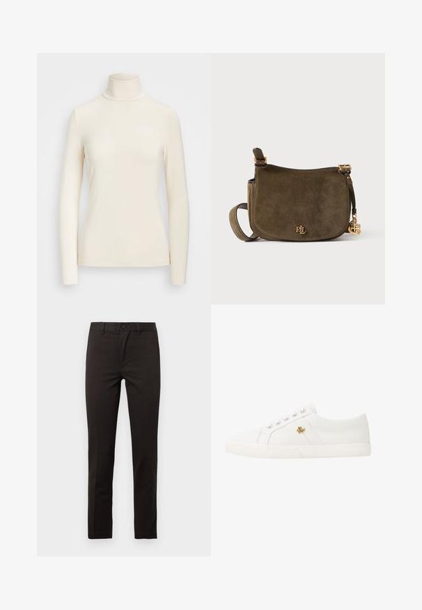 Top de cuello alto de manga larga en un suave tejido color crema. Presenta un diseño ajustado con un alto cuello y bordes de mangas sin costuras.; Pantalones negros de pierna recta hechos de una mezcla suave de algodón; cuentan con un botón frontal, cremallera y dos bolsillos laterales. Diseño limpio y minimalista.; Lauren Ralph Lauren JANSON II CANVAS SNEAKER - Zapatillas - optic white; Bolso de hombro de ante verde oliva con logo y charm en tono dorado "RL", correa ajustable y cierre de solapa sobre fondo neutro.