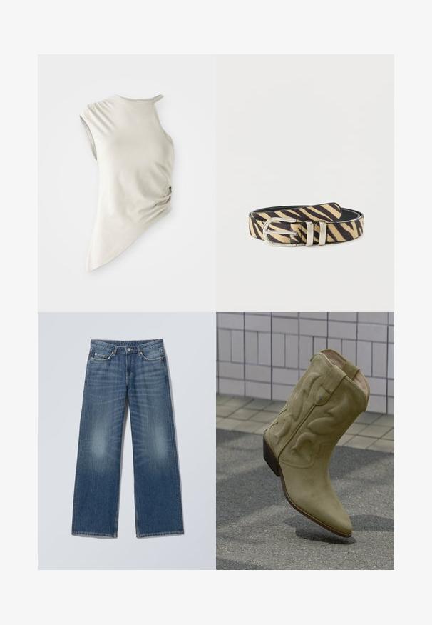 Asymmetrisches ärmelloses Oberteil aus leicht beigem Stoff, mit U-Ausschnitt und gerafftem Detail an der Seite für Textur.; Blaue Denim-Jeans mit geradem Bein, fünf Taschen, Gürtelschlaufen, Knopfverschluss und ausgewaschenen Details an den Vorderseiten der Oberschenkel.; Hellbrauner Veloursleder-Cowboystiefel mit dekorativer Naht und Holzabsatz, schräg auf gepflasterter Fläche nahe einer gefliesten Wand positioniert.; Zebra-Print-Gürtel aus Wildleder, mit einem schwarzen und beige Muster, metallic silberner Schnalle und glatter Textur sowie doppeltem Schlaufen-Detail.