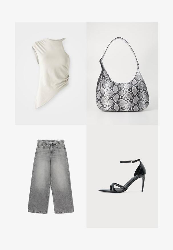 Asymmetrische mouwloze top in lichtbeige stof, met een ronde hals en geplooid detail aan de zijkant voor textuur.; Grijze denim jeans met wijde pijpen, een verfomfaaide afwerking, een trekkoord in de taille en een traditioneel vijfvakdesign, met zichtbare stikdetails.; Zwarte lakleren sandalen met hoge hak, dunne enkelband, open teen en minimalistisch ontwerp op een effen lichte achtergrond.; Zwart-witte slangenprint schoudertas met een afgeronde vorm, een gladde textuur en een ronde strap. Voorzien van een zilveren hardwareaccent.
