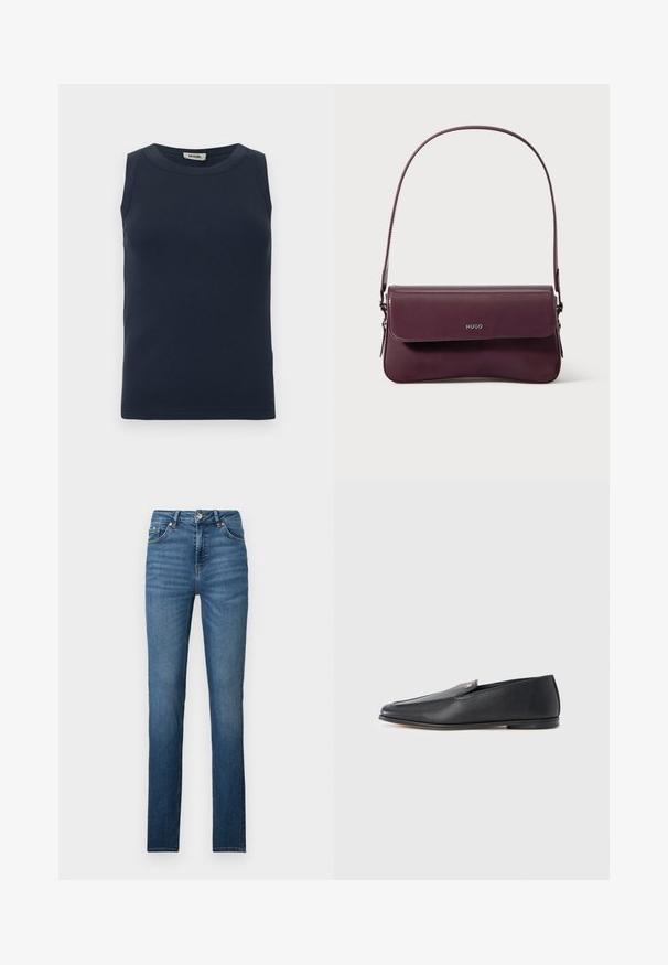 Haut sans manches bleu marine foncé en tissu côtelé. Présente un col rond et une coupe ajustée sans accents ni motifs supplémentaires.; Jean denim bleu, taille haute, coupe droite. Tissu à la texture lisse avec un léger effet délavé et design classique à cinq poches. Fermeture par bouton en métal.; Mocassins en cuir noir à texture lisse, bout arrondi et détails de couture subtils. Ils présentent un accent logo doré sur le côté supérieur.; Sac à main en cuir bordeaux au design structuré, avec une fermeture à rabat et une bandoulière ajustable. Détail du logo embossé sur le devant.