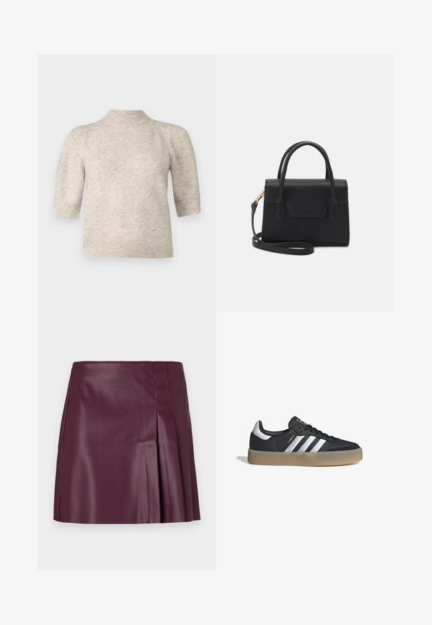 Suéter de manga corta y cuello alto en un suave tejido beige claro, con pequeños acentos de perlas en la parte frontal y puños y dobladillo acanalados.; ONLY ONLARTZY Short - Minifalda - mauve wine; Zapatilla deportiva de cuero negro con tres rayas plateadas, punta texturizada y suela de goma. Cuenta con un collar acolchado y un diseño con cordones.; Bolso estructurado negro de cuero con un asa superior, correa de hombro desmontable y un detalle de tapa en la parte frontal. Acentos en dorado.