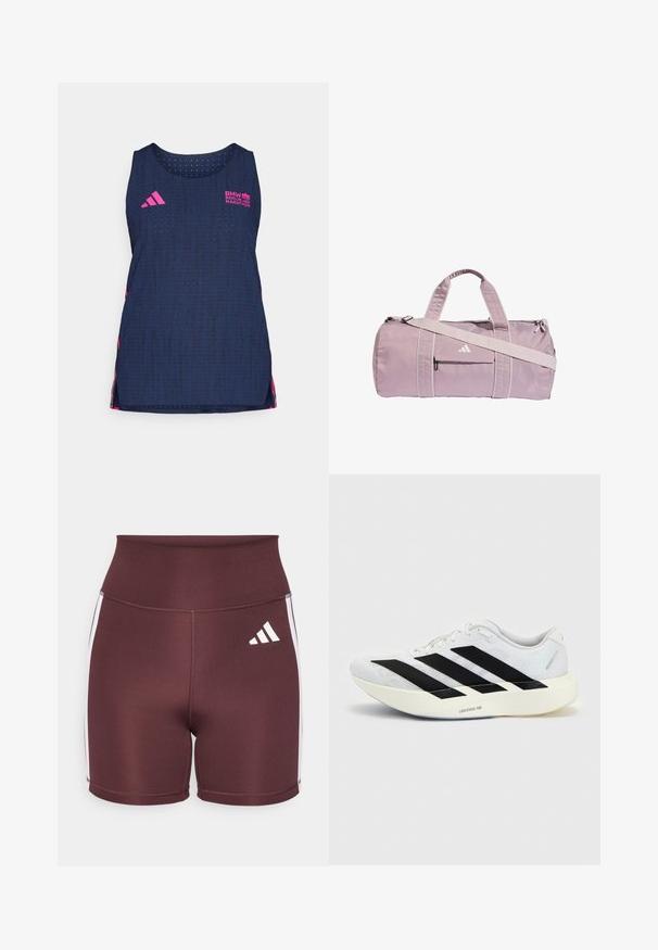 adidas Performance BER25 TANK - Μπλούζα - collegiate navy; Μαρούλι ψηλόμεσα σορτς φτιαγμένα από ελαστικό υλικό, με λευκές πλευρικές ρίγες και το λογότυπο της Adidas σε λευκό μπροστά.; Λευκό αθλητικό παπούτσι με μαύρο σχέδιο τριών ρίγων στην πλευρά και παχιά λευκή σόλα με την ετικέτα "Lightstrike Pro" σε μονόχρωμο φόντο.; Ανοιχτό μοβ τσάντα duffel από γυαλιστερό υλικό, με δύο λαβές, αποσπώμενο λουρί ώμου και μπροστινή τσέπη με φερμουάρ και λογότυπο.