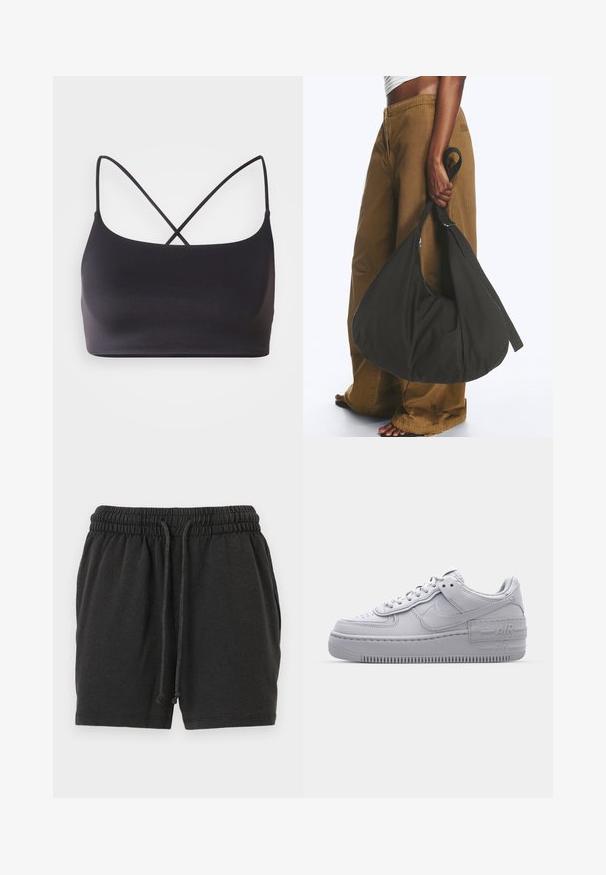 Sort bralette med en glat overflade, der har tynde stropper, som krydser hinanden på ryggen for et minimalistisk design.; Sorte shorts med elastik i taljen, snøre og sidelommer, lavet af blødt og behageligt stof.; Grå Nike Air Force 1 sneakers med perforeret tå, glat læderoverdel, tyk sål og præget 'AIR' detalje på hælen.; Person iført brune vidde bukser og hvid top holder en stor sort blød håndtaske i remmen ved siden.