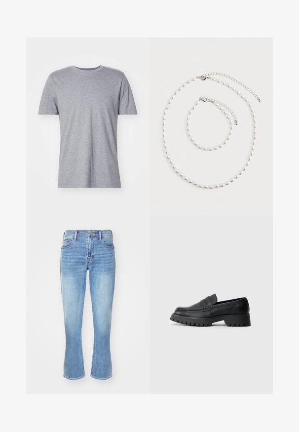 Grijze, korte mouwen t-shirt gemaakt van een katoenmix, met een klassieke ronde halslijn en een gladde, zachte textuur.; Lichtblauwe denimjeans met een rechte pasvorm, uitlopende pijpen, vijf-pocketontwerp en subtiele vervaging bij de knieën en dijen.; Zwarte leren instappers met een ronde neus, voorzien van een decoratieve riem en een stevige rubberen zool met diepe groeven voor grip.; Parelketting en bijpassende armband met zilveren ketting sluitingen, gerangschikt op een witte achtergrond.