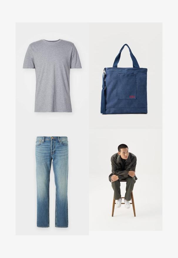 Grå, kortærmet t-shirt lavet af en bomuldsblanding, der har en klassisk crew neckline og en glat, blød tekstur.; Lyseblå denimjeans med lige bendesign, der har en falmet finish, kobbernitter og klassisk fem-lomme stil.; Ung mand i mørk læderjakke og jeans sidder på en træskammel, læner sig fremad med armene krydset og kigger til siden mod hvid baggrund.; Blå lærredstote taske med frontlomme og rød "O.N.S" broderi, med to håndtag og en justerbar skulderrem.
