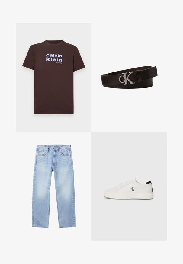 Καφέ βαμβακερό t-shirt με κοντά μανίκια που διαθέτει ανοιχτό μπλε τυπωμένο κείμενο: "calvin klein" και "New York City." Απλός, άνετος σχεδιασμός.; Ανοιχτό μπλε τζιν παντελόνι με ίσια γραμμή, μπροστινές τσέπες, θηλιές για ζώνη, κούμπωμα με κουμπιά και μικρή ετικέτα Calvin Klein στην δεξιά μπροστινή τσέπη.; Λευκά δερμάτινα αθλητικά παπούτσια με στρογγυλή μύτη, επίπεδη καουτσούκ σόλα και μαύρη λεπτομέρεια στη φτέρνα. Διαθέτει έντονο μαύρο λογότυπο Calvin Klein στο πλάι.; Σκούρα καφέ δερμάτινη ζώνη με ασημένια πόρπη "cK" και ορατό ανάγλυφο όνομα επωνυμίας κοντά στο τέλος, τυλιγμένη σε λευκό φόντο.