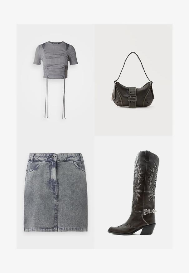 Grå cropped top med korte ærmer, prydet med lodret ribbet mønster, sammenkrøllede detaljer og justerbare bånd i kanten for en skræddersyet pasform.; Grå denim minisukne med en falmet vask, der har forlommer, en knaplukning og en lige kant. Struktureret stof.; Sort læder cowboystøvle med dekorative udskæringer, sølvspænde og skrå hæl, vist på hvid baggrund.; Sort læder skuldertaske med spænde på remmen, afrundede kanter og kontrasterende hvide syninger på en ensfarvet baggrund.
