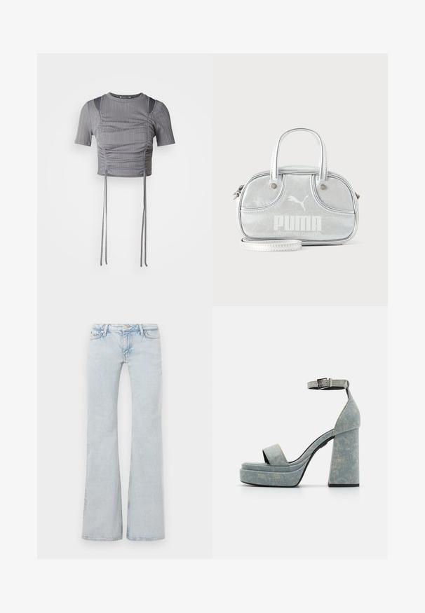 Haut court gris à manches courtes, avec un motif de côtes verticales, des détails froncés et des liens réglables à l'ourlet pour un ajustement sur mesure.; Jean flare bleu clair en denim. Doté d'une taille avec bouton en métal, d'un design à cinq poches et d'un délavage subtil sur l'ensemble.; Sandales plateforme en denim avec un épais talon bloc, bout ouvert et bride de cheville avec boucle en métal. Bleu clair avec une texture subtile.; Petit sac à main Puma argent métallisé avec deux poignées supérieures, une longue bandoulière, logo sur le devant et fermeture zippée sur fond uni clair.