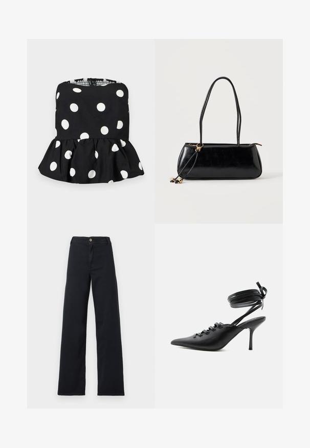 Haut noir sans bretelles à pois blancs avec un ourlet peplum volanté, présenté sur un fond clair uni.; Jean noir taille haute à jambes larges avec fermeture à boutons et fermeture éclair, poches avant visibles, étalé à plat sur un fond blanc.; Chaussure à talon haut noire à bout pointu avec laçage à l'avant et brides enroulées autour de la cheville nouées en nœud, vue de côté sur fond blanc.; Sac à main rectangulaire noir avec deux longues bandoulières, détail anneau doré et fermeture éclair sur un fond clair uni.