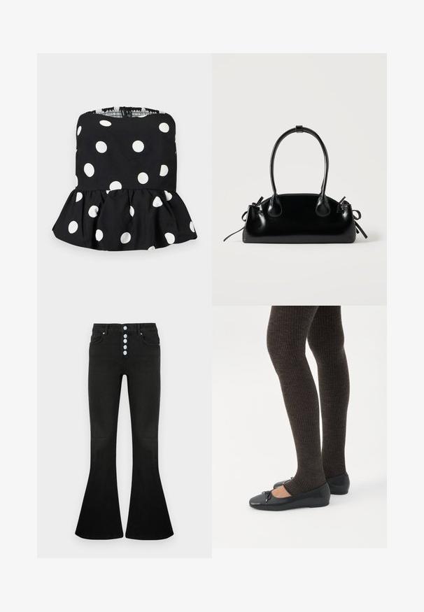 Haut noir sans bretelles à pois blancs avec un ourlet peplum volanté, présenté sur un fond clair uni.; Jean évasé noir taille haute, braguette à cinq boutons, texture en denim doux et détails de coutures discrètes sur les poches et les coutures.; Jambes portant des leggings côtelés foncés associés à des ballerines noires avec de petits détails en nœud sur fond blanc.; Petit sac à main noir brillant avec deux longues anses et des détails à cordon sur les côtés sur un fond clair uni.