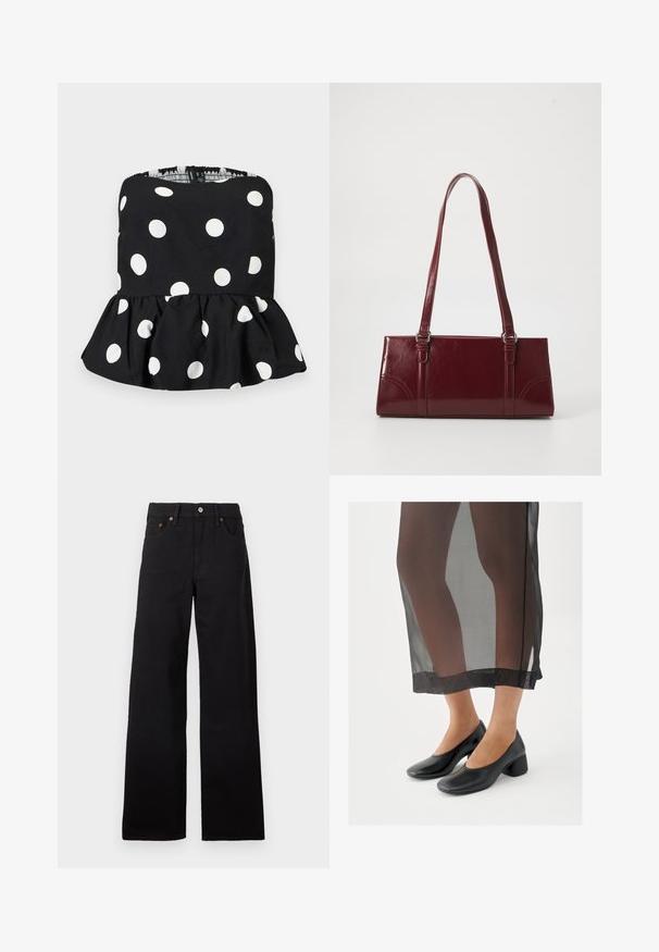 Haut noir sans bretelles à pois blancs avec un ourlet peplum volanté, présenté sur un fond clair uni.; Jean noir taille haute à jambes larges avec bouton et fermeture éclair à l'avant, passants pour ceinture et design à cinq poches sur un fond uni.; Chaussures noires à talons blocs avec une finition en cuir lisse, portées avec une jupe noire transparente à ourlet net et design minimaliste.; Sac à main bordeaux en matériau brillant, de forme rectangulaire, avec deux anses et des accents légèrement courbés à l'avant.