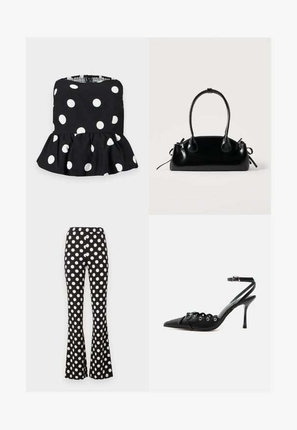 Haut noir sans bretelles à pois blancs avec un ourlet peplum volanté, présenté sur un fond clair uni.; Pantalon noir évasé avec de grands pois blancs et une taille élastique, présenté sur un fond clair uni.; Chaussure à talon haut noire à bout pointu, bords festonnés, œillets métalliques, lacets à l'avant et bride de cheville avec fermeture à boucle.; Petit sac à main noir brillant avec deux longues anses et des détails à cordon sur les côtés sur un fond clair uni.