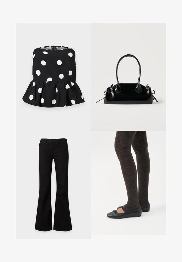 Haut noir sans bretelles à pois blancs avec un ourlet peplum volanté, présenté sur un fond clair uni.; Jean noir taille haute évasé avec poches avant, passants pour ceinture et fermeture par bouton sur un fond clair uni.; Jambes portant des leggings côtelés foncés associés à des ballerines noires avec de petits détails en nœud sur fond blanc.; Petit sac à main noir brillant avec deux longues anses et des détails à cordon sur les côtés sur un fond clair uni.