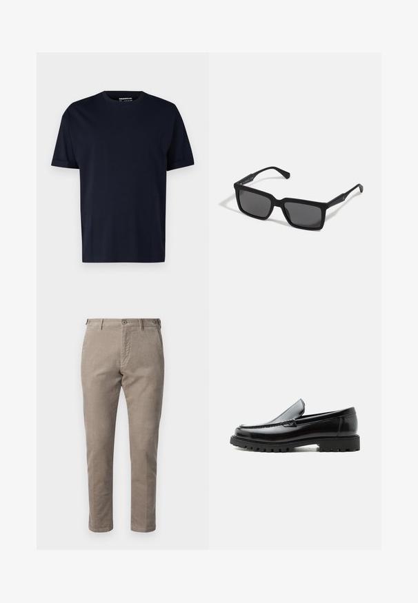 T-shirt en coton bleu marine à manches courtes et col rond, avec une texture lisse et sans motifs ni logos visibles.; DRYKORN FAGO - Chino - brown; Mocassin en cuir noir avec semelle en caoutchouc épaisse, dessus cousu et nom de marque embossé sur le talon, présenté de profil sur fond blanc.; Lunettes de soleil noires avec des verres rectangulaires, finition mate, épaisses montures et branches fines comprenant un subtil détail de marque.