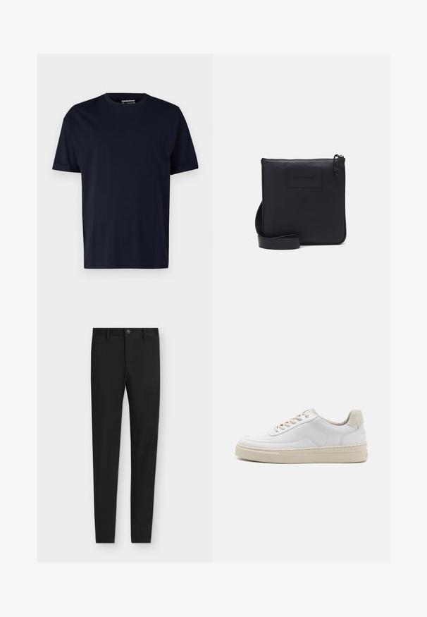 T-shirt en coton bleu marine à manches courtes et col rond, avec une texture lisse et sans motifs ni logos visibles.; Pantalon noir coupe slim avec passants de ceinture, fermeture boutonnée et poches avant, présenté à plat sur un fond gris clair.; Sneaker blanche avec un dessus en cuir lisse, des lacets beige et un onglet de talon en daim beige texturé. Semelle surélevée pour une hauteur supplémentaire.; Sac à bandoulière en cuir noir avec une finition texturée, de forme rectangulaire, fermeture zippée et bandoulière réglable. Présente un logo de marque discret sur le devant.