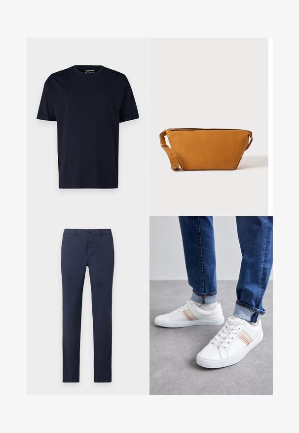 T-shirt en coton bleu marine à manches courtes et col rond, avec une texture lisse et sans motifs ni logos visibles.; Pantalon bleu marine en tissu léger, présentant une coupe droite, une fermeture boutonnée à l'avant et des poches latérales.; Baskets en cuir blanc avec des rayures multicolores, design à lacets, semelle en caoutchouc et col rembourré, associées à un jean en denim bleu.; Sac bandoulière en cuir marron clair avec sangle réglable et fermeture éclair, présenté sur un fond clair uni.