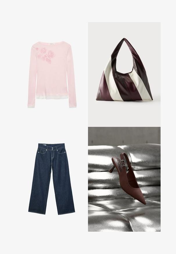 Langærmet pink t-shirt med en hvid kant, der har et diskret rosemønster på venstre skulder og rund halsudskæring. Blød stoftype.; Mørkeblå vidde jeans i denim med dobbelt knaplukning, forlommer og kontrastsyning på hvid baggrund.; Brun spids slingback-sko med lav hæl og spænde, hvilende på en skinnende, metallisk sølv tuftet overflade.; Stor trekantet lædertaske med brede diagonale striber i mørkebrun, bordeaux og cremefarver mod en ensfarvet baggrund.