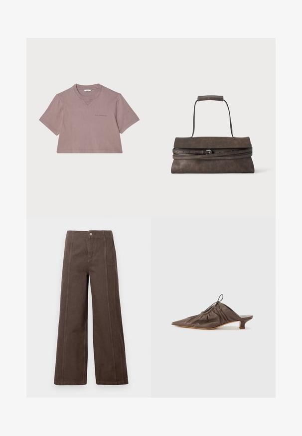 T-shirt cropped en mauve poussiéreux, fabriqué en tissu doux. Doté d'un col rond, de manches courtes et d'un logo subtil imprimé sur le devant.; Pantalons larges marron en tissu lisse, dotés de coutures sur le panneau avant et d'une fermeture à un seul bouton en métal à la taille.; Mule en cuir marron avec un bout pointu, texture froncée, petit talon et un accent de cordon de serrage à l'ouverture. Fini lisse.; Pochette en cuir marron foncé avec une seule poignée supérieure et un fin détail de ceinture enveloppante avec une petite boucle métallique.