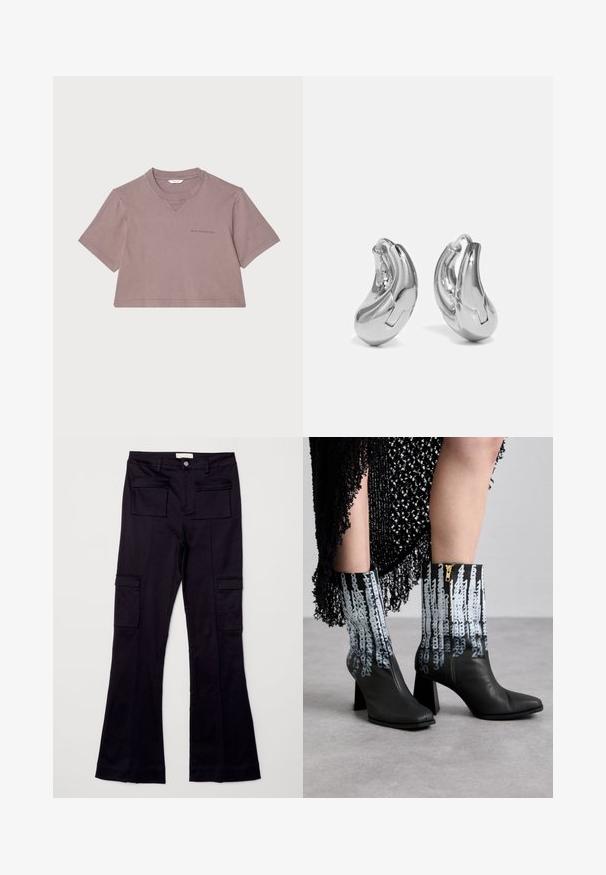 T-shirt cropped en mauve poussiéreux, fabriqué en tissu doux. Doté d'un col rond, de manches courtes et d'un logo subtil imprimé sur le devant.; Pantalons cargo évasés noirs dotés de deux poches avant et de deux poches latérales, fabriqués dans un tissu lisse avec un léger éclat.; Bottines en cuir noir avec un talon épais, dotées d'un motif numérique bleu distinctif et d'une fermeture éclair sur le côté.; Boucles d'oreilles en argent en forme de créoles avec une finition incurvée et brillante, et un design sans couture. Équipées d'une fermeture à charnière pour un port sécurisé.