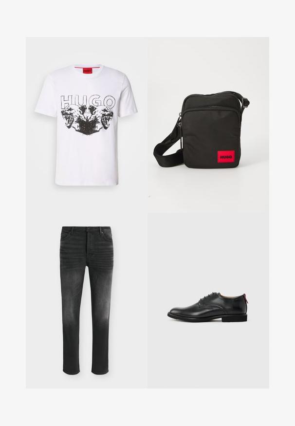 Witte katoenen t-shirt met zwart grafisch ontwerp van twee brullende panterkoppen met het woord "HUGO" erboven. Korte mouwen, ronde hals.; Zwarte skinny-fit jeans met vervaagde details, vijfzakkenstijl en knoopsluiting in de taille.; Zwarte leren herenschoen met vetersluiting en rood trekfolie op de hiel tegen een effen achtergrond.; Zwarte nylon schoudertas met een rood rechthoekig logo-embleem, ritssluitingen, verstelbare band en een gestructureerd oppervlak.