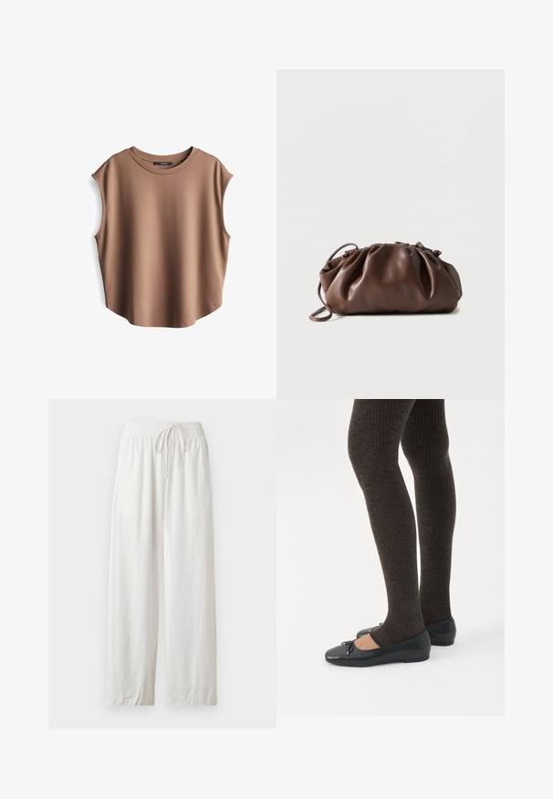Bruine mouwloze top van gladde stof, met een ronde hals en verlaagde armsgaten, een licht gebogen zoom en een minimalistisch ontwerp.; Losse witte linnen broek met elastische tailleband en trekkoord, plat weergegeven tegen een neutrale achtergrond.; Benen met donkere geribbelde leggings gecombineerd met zwarte ballerina's met kleine strikdetails op een witte achtergrond.; Zachte bruine leren tas met samengevouwen bovenkant en smalle riem, liggend op een witte achtergrond.