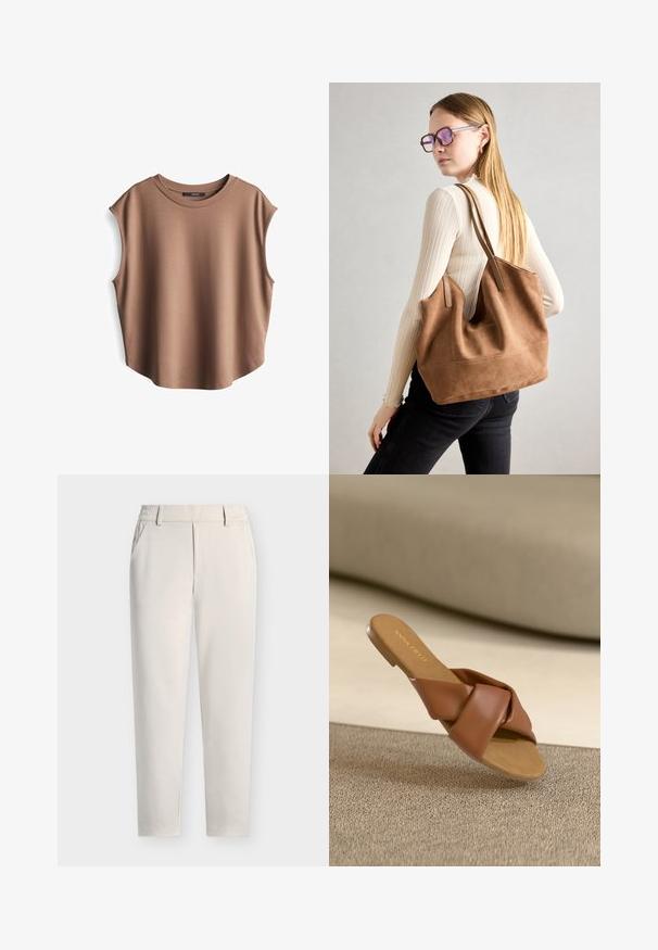 Braunes ärmelloses Oberteil aus glattem Stoff, mit rundem Ausschnitt und abgesenkten Armausschnitten, leicht abgerundetem Saum und minimalistischem Design.; Beige gerade geschnittene Hose mit Gürtelschlaufen, Seitentaschen und einem Reißverschluss vorne auf einfachem Hintergrund.; Braune Fakesleder-Slide-Sandale mit einem gedrehten Oberdesign und flacher Sohle. "ANNA FIELD" ist auf der Innensohle eingeprägt. Texturierter beiger Hintergrund.; Braune Wildleder-Tasche mit weicher Textur, großer Öffnung und langen Trägern. Sie verfügt über ein simples Design mit sichtbarem Stich und ohne Beschläge.