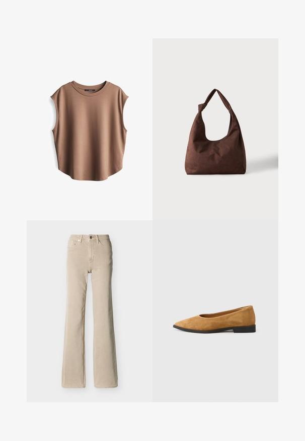 Bruine mouwloze top van gladde stof, met een ronde hals en verlaagde armsgaten, een licht gebogen zoom en een minimalistisch ontwerp.; Beige jeans met hoge taille, voorste knoop- en ritssluiting, vijf zakken en een licht uitlopende pijp, afgebeeld op een effen achtergrond.; Bruine suède platte schoenen met een spitse neus en een lage zwarte hak. Glad oppervlak met een eenvoudig ontwerp en geen zichtbare versieringen.; Bruine gestructureerde stoffen handtas met een enkele handgreep die in een knoop is gebonden, weergegeven tegen een effen lichte achtergrond.
