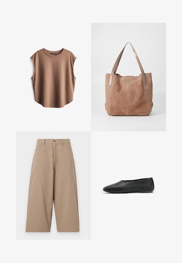 Braunes ärmelloses Oberteil aus glattem Stoff, mit rundem Ausschnitt und abgesenkten Armausschnitten, leicht abgerundetem Saum und minimalistischem Design.; Beige weite Baumwollhosen mit hoher Taille, frontalen Taschen und einer einzelnen Knopfverschluss. Glatte Textur und gerader Schnitt.; Schwarzer flacher Lederschuh mit abgerundeter Spitze und niedrigem Absatz, entworfen für lässiges oder formelles Tragen.; Anna Field by Zalando LEATHER - Shopping Bag - taupe