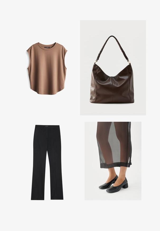 Braunes ärmelloses Oberteil aus glattem Stoff, mit rundem Ausschnitt und abgesenkten Armausschnitten, leicht abgerundetem Saum und minimalistischem Design.; Schwarze Hose mit geradem Schnitt, glatter Stoff und ohne sichtbare Muster. Entworfen mit klassischen Fronttaschen und einem Reißverschluss.; Schwarze Blockabsatzschuhe mit glattem Lederfinish, getragen zu einem transparenten schwarzen Rock mit sauberem Saum und minimalistischem Design.; Dunkelbraune Leder-Schultertasche mit geflochtenem Griff und sichtbaren Nahtdetails auf der Vorderseite.