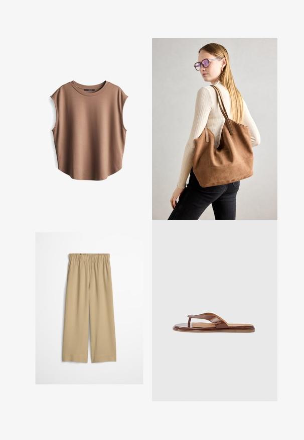 Bruine mouwloze top van gladde stof, met een ronde hals en verlaagde armsgaten, een licht gebogen zoom en een minimalistisch ontwerp.; Beige wijde broek met elastische tailleband en zoomdetails, plat weergegeven op een lichte achtergrond.; Bruine leren teenslipper met een textuurriem en een glad voetbed. Heeft een minimalistisch ontwerp en een vlakke zool, geschikt voor casual gebruik.; Bruine suède totebag met zachte textuur, grote opening en lange hengsels. Het heeft een eenvoudig ontwerp met zichtbare stiksels en geen hardware.