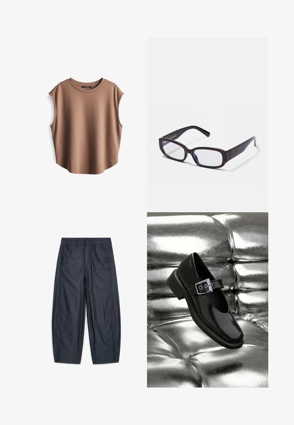 Braunes ärmelloses Oberteil aus glattem Stoff, mit rundem Ausschnitt und abgesenkten Armausschnitten, leicht abgerundetem Saum und minimalistischem Design.; Dunkelblaue Hosen mit weitem Bein, Vordertaschen, Gürtelschlaufen, Knopf- und Reißverschluss, flach auf weißem Hintergrund liegend.; Schwarze Leder-Mary-Jane-Schuhe mit quadratischer Zehenform, einem silbernen Schnallenakzent und einem robusten, niedrigen Absatz, vor einem glänzenden silbernen Hintergrund.; Braune Schildpatt-Rechteckbrille mit klaren Gläsern und schlanken Bügeln, die eine glatte Textur und ein minimalistisches Design zeigen.