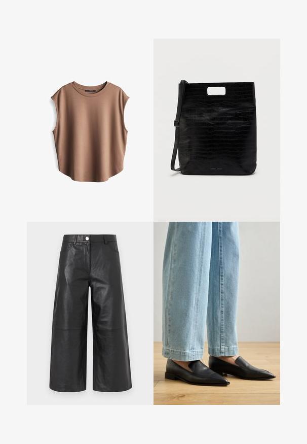 Braunes ärmelloses Oberteil aus glattem Stoff, mit rundem Ausschnitt und abgesenkten Armausschnitten, leicht abgerundetem Saum und minimalistischem Design.; Schwarze Leder-Culottes mit weitem Bein, ausgestattet mit vorderen Taschen, einem Knopfverschluss und einer glatten, glänzenden Textur.; Schwarze Lederschuhe mit spitzem Zehenbereich und Schlupfdesign, kombiniert mit hellblauen weit geschnittenen Jeans, auf einem Holzboden.; Schwarze Kunstleder-Tasche mit Krokodilmuster, rechteckiger Form, ausgeschnittenem Obergriff und abnehmbarem Schulterriemen. Markenlogo sichtbar.