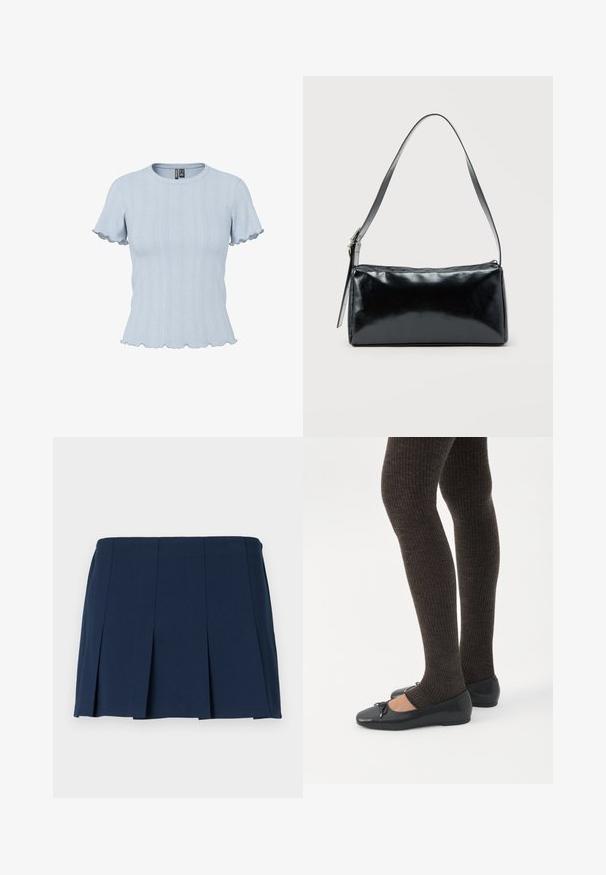 Top de punto azul claro de manga corta con patrones acanalados y tipo encaje, escote redondo y bordes con volantes en las mangas y el dobladillo.; Falda mini plisada de color azul marino con una cinturilla recta, hecha de una tela suave. Presenta costuras verticales a lo largo de los pliegues.; Piernas con leggings oscuros acanalados combinados con bailarinas negras que presentan pequeños detalles de lazo sobre un fondo blanco.; Bolso de hombro rectangular negro con una correa ajustable y un cierre de cremallera superior sobre un fondo liso.