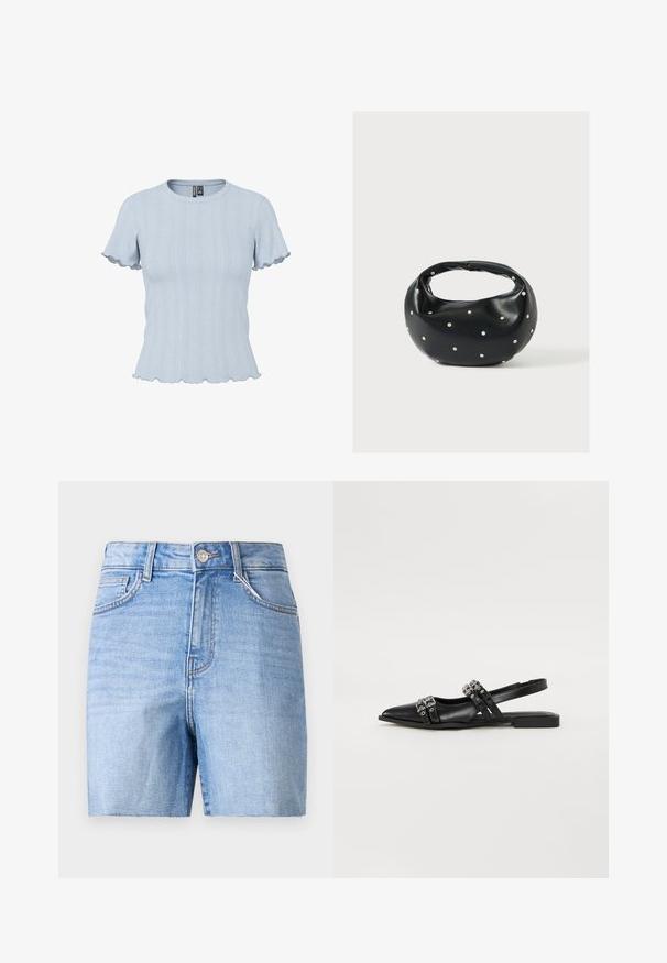 Haut en maille bleu clair à manches courtes avec motifs côtelés et effet dentelle, encolure ronde et bords volantés aux manches et à l'ourlet.; Shorts en denim bleu clair avec taille haute, dotés d'une fermeture à boutons à l'avant, de cinq poches et d'un léger délavage pour ajouter de la texture.; Even&Odd by Zalando Ballerines à brides arrière - black; Sac à main en cuir noir de forme arrondie, décoré de clous argentés et équipé d'une poignée courte. Texture lisse et fermeture éclair.