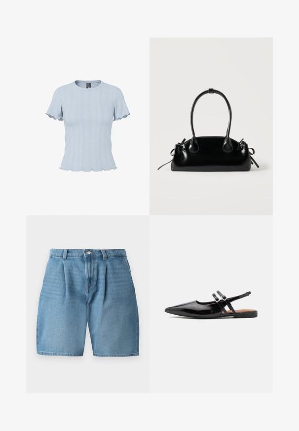Haut en maille bleu clair à manches courtes avec motifs côtelés et effet dentelle, encolure ronde et bords volantés aux manches et à l'ourlet.; Shorts en denim bleu clair avec des plis avant, une fermeture à bouton et une couture classique. Le tissu a une texture lisse et une coupe droite.; Des chaussures slingbacks en cuir verni noir présentent un bout pointu, deux sangles avec des accents de boucle, et une semelle plate.; Petit sac à main noir brillant avec deux longues anses et des détails à cordon sur les côtés sur un fond clair uni.