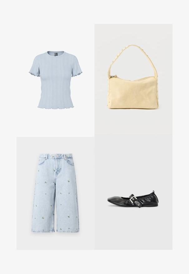 Haut en maille bleu clair à manches courtes avec motifs côtelés et effet dentelle, encolure ronde et bords volantés aux manches et à l'ourlet.; Shorts en denim délavé avec broderie florale, mettant en avant des marguerites et des feuilles vertes. Design classique à cinq poches et ourlet effiloché.; Chaussure plate en cuir noir avec un nez pointu, des détails froncés autour de l'ouverture et un accent en boucle argentée sur la bride ajustable.; Petit sac à main en cuir beige avec une seule bandoulière et des clous argentés le long des bords et de la bandoulière, posé sur un fond uni.